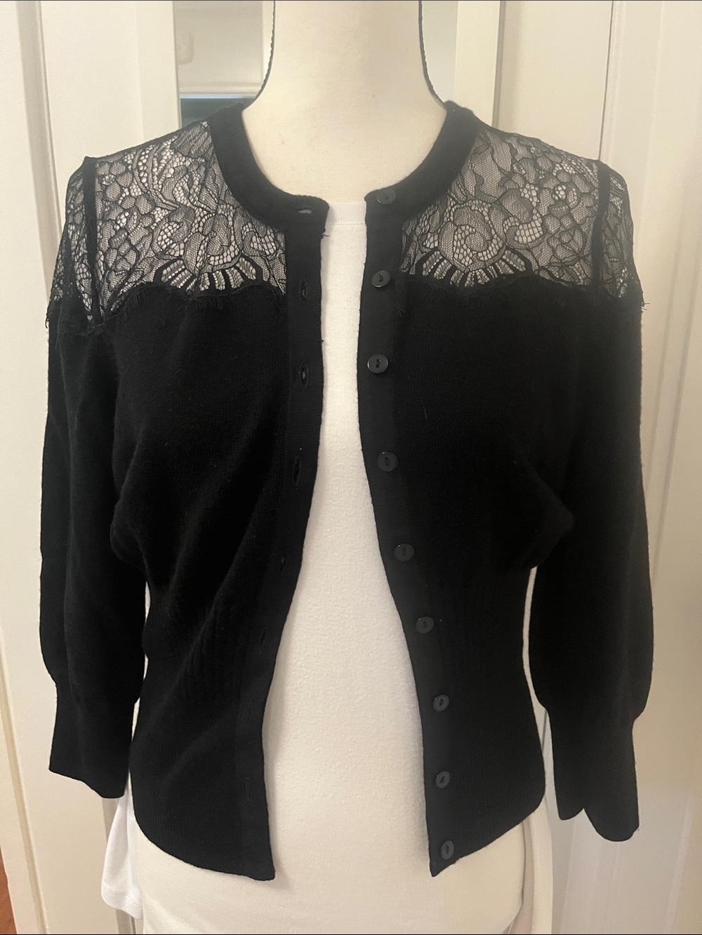 Antonio Melani Black Cardigan Lace Trim Bracelet Sleeves Sz M EUC